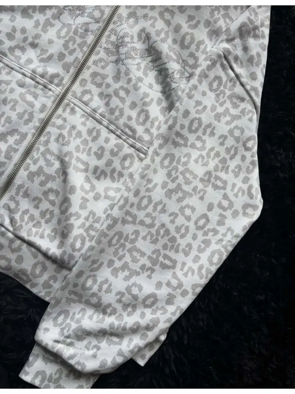 2026 new American retro leopard print fur collar hooded sweatshirt with letter print, loose zipper, personalized street style - view 6