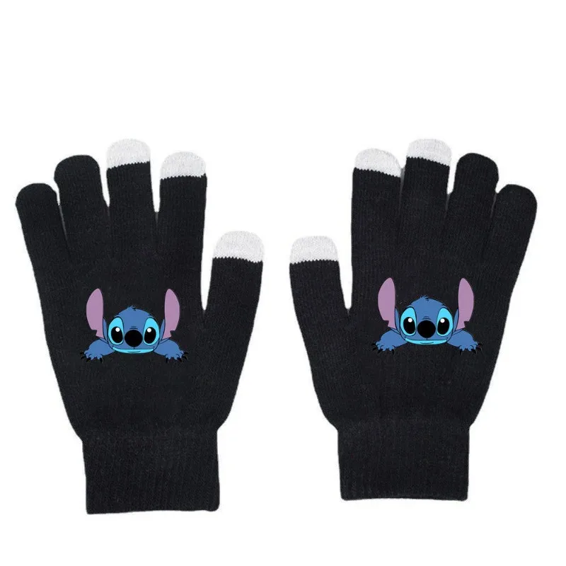 อะนิเมะ Disney Lilo & Stitch ถักถุงมือน่ารักการ์ตูน Stitch ฤดูหนาว WARM สีดําหวานพิมพ์ถุงมือของขวัญสําหรับชายและหญิง