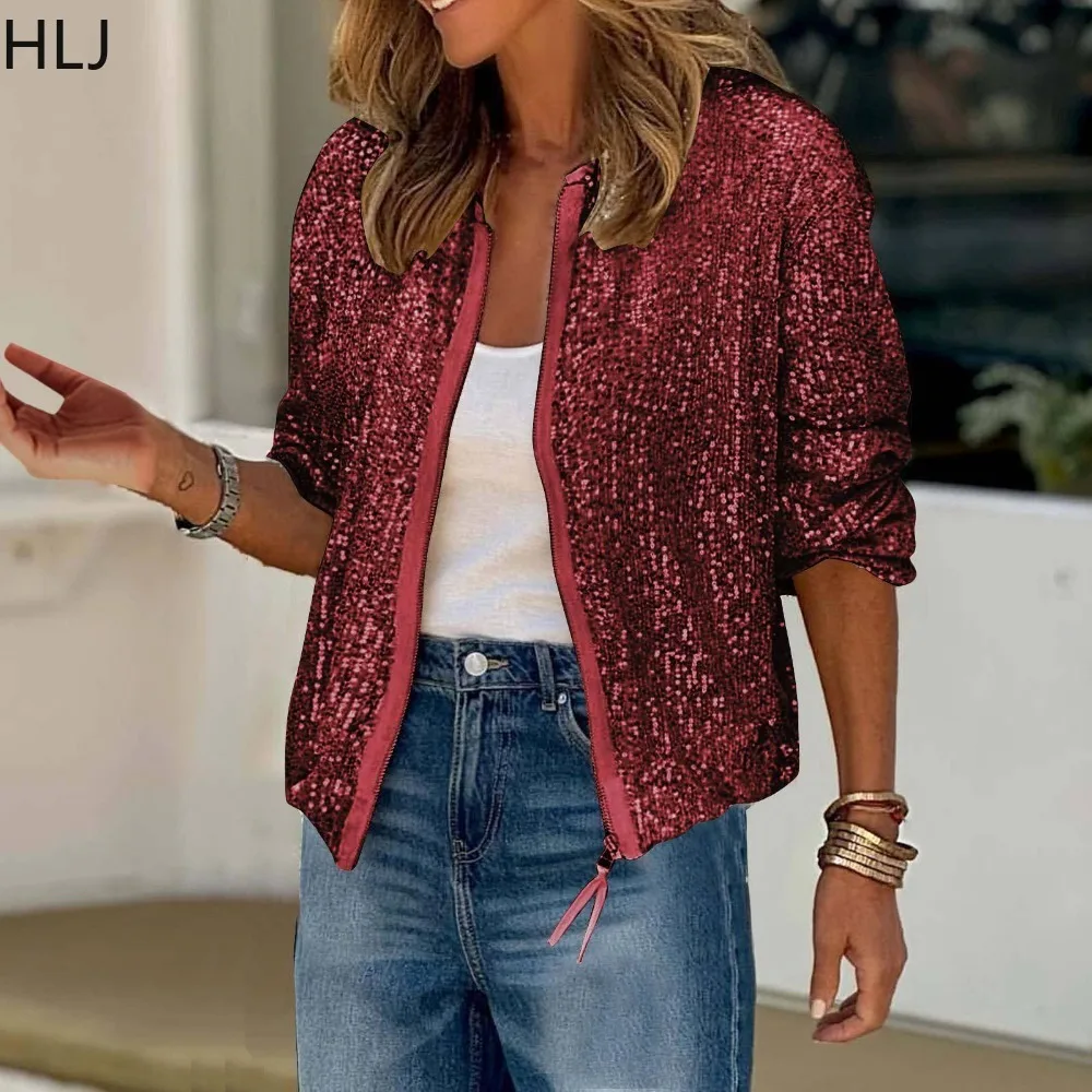 HLJ Autumn New Sequin Zipper Slim Coats Women Round Neck Long Sleeve Streetwear Fashion Female Sparkling Clubwear Clothing 2024