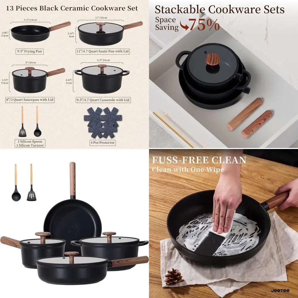 

13-Piece Nonstick Ceramic Cookware Set with Removable Handles, Healthy & Non-Toxic, Compatible with All Stoves, Oven Safe, Stack