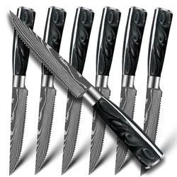 Steak Knife Set Stainless Steel Serrated Beef Knives Damascus Pattern Dinner Tablewares Steak Knives Cutlery Table Knife Set