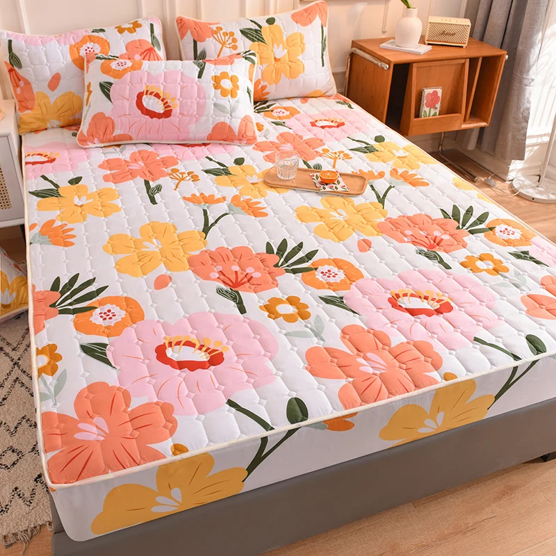 Printed fitted Bed Sheet Quilted adjustable mattress cover Bed cover with elastic band 1PCS Bedspread for Twin Queen King bed