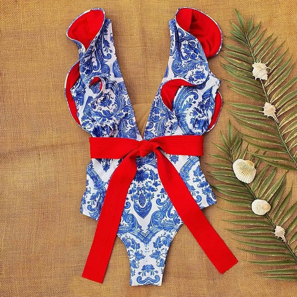 Ruffle Tie-detailed Delft Blue Sexy One Piece Swimsuit Vintage Bathing suit Deep-V Beachwear Summer Beach Wear surf wear