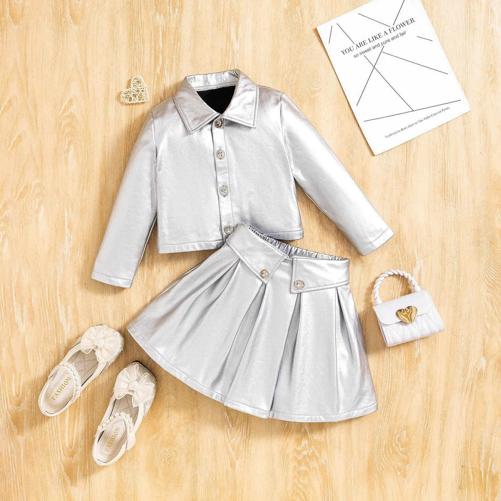 

Kids Girls Autumn Clothes Sets PU Outfits Silver Long Sleeve Coat Tops+Skirts 2PCS Outfits Set Children's Clothing 4Y,5Y,6Y,7Y