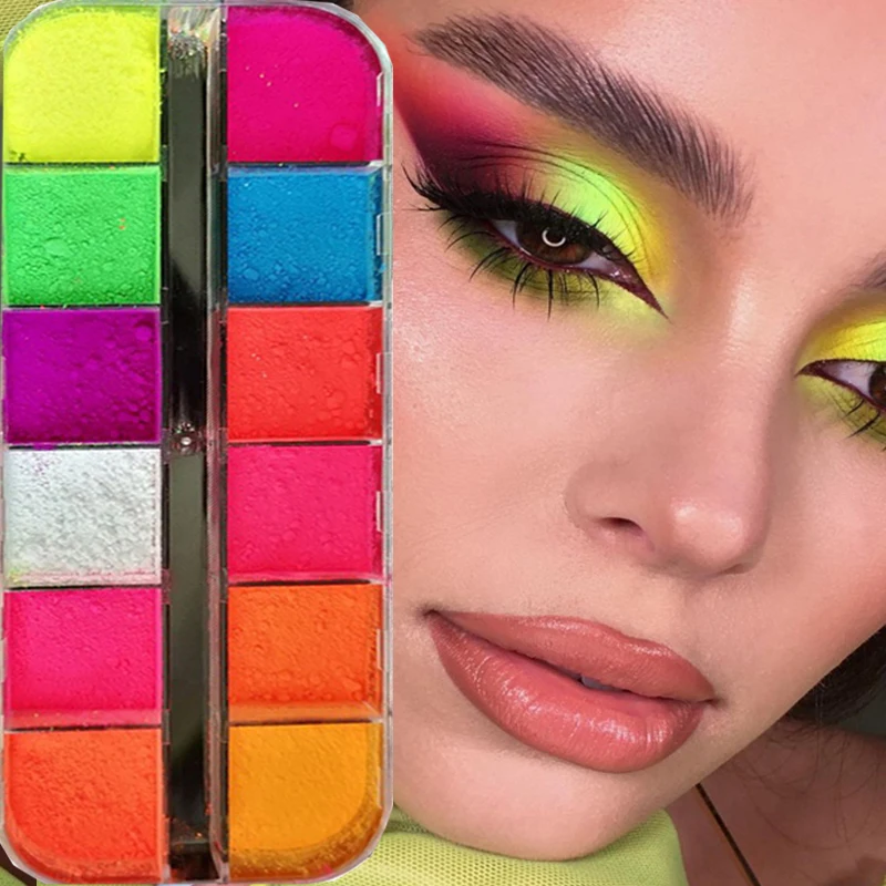 Paleta de sombras de ojos fluorescentes, 12 colores, resistente al agua, mate, neón, azul, verde, rosa, rojo, pigmentos, paleta de maquillaje de larga duración