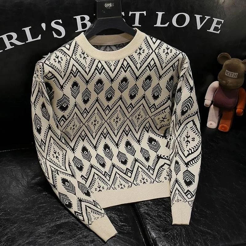 

Men's round Ne Knitted Sweater Autumn Winter Vintage Floral Patterned Loose Fit Long Sve Faionable Sun Protection Top