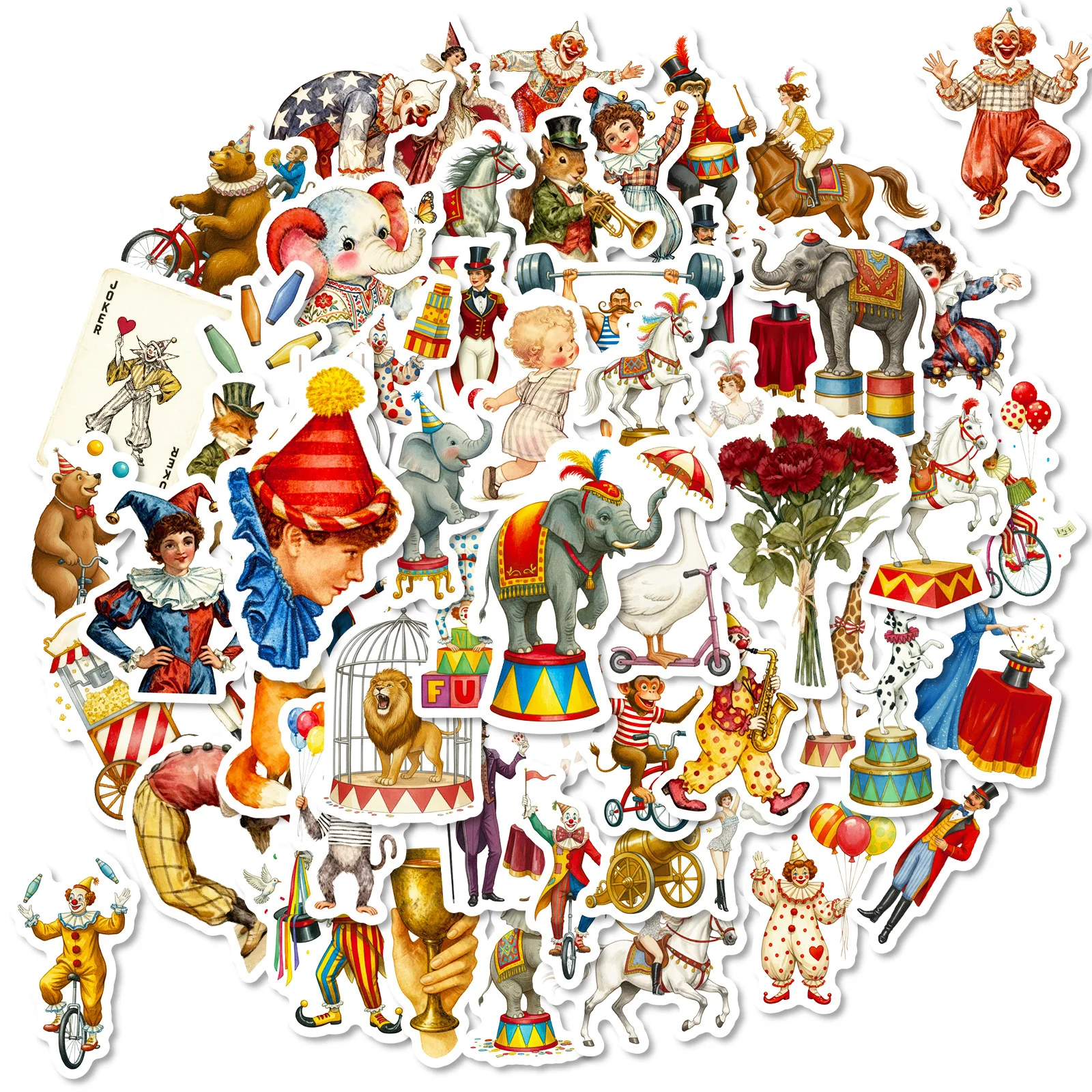 56개 빈티지 서커스 테마 스티커 광대 동물 공연 DIY 방수 데칼 노트북 장식용