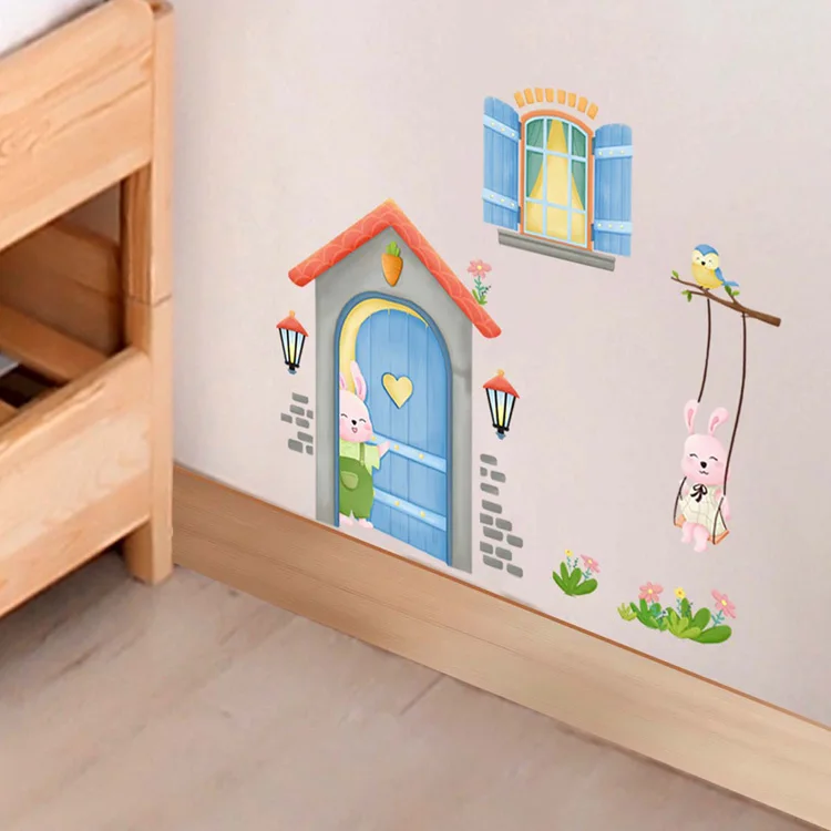 Cartoon Hasen-Haus Wandaufkleber Wohnzimmer Kinderzimmer Deko-Aufkleber Kinderzimmerdekoration Selbstklebende Heimtür-Wandmalerei – Detail 3