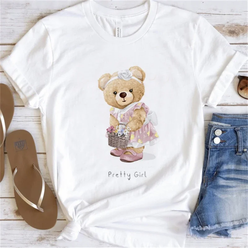 

T-Shirt Fashion Academy Style Women'S Short Sleeve Women'S Printing Summer New Trend Cute Bear Pattern White Plus Size T-Shirt