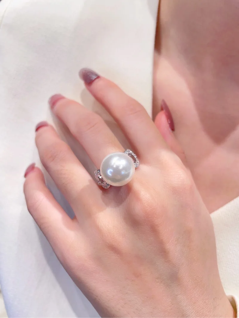 Cumee White Round Moisturizing Pearls 14mm Artificial Australian White Pearl Rings Women Silver Gold Plating