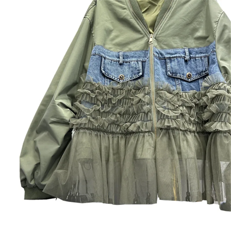 ANJY خريف شتاء جديد إمرأة الدنيم شبكة المرقعة جيب كبير سستة البيسبول سترة أنيقة تنوعا التخسيس معطف عصري A15245 #5