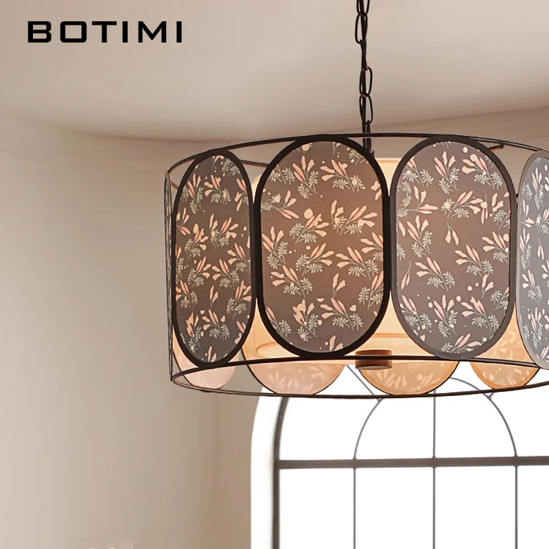 BOTIMI Cylindrical Cloth LED Pendant Light For Dining Wire Hanging Island Kitchen Fabric Art