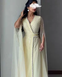 Long Sleeves Prom Dresses V Neck Beaded Evening Dresses Moroccan Special Occasion Dresses Saudi Arabia Wedding Party Dress