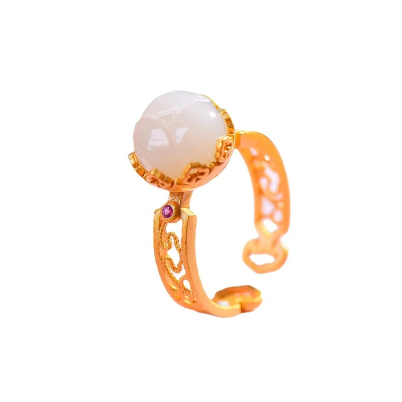 S925 الفضة مطلية بالذهب مطعمة Hetian الأبيض اليشم الجوف المرأة خاتم المجوهرات