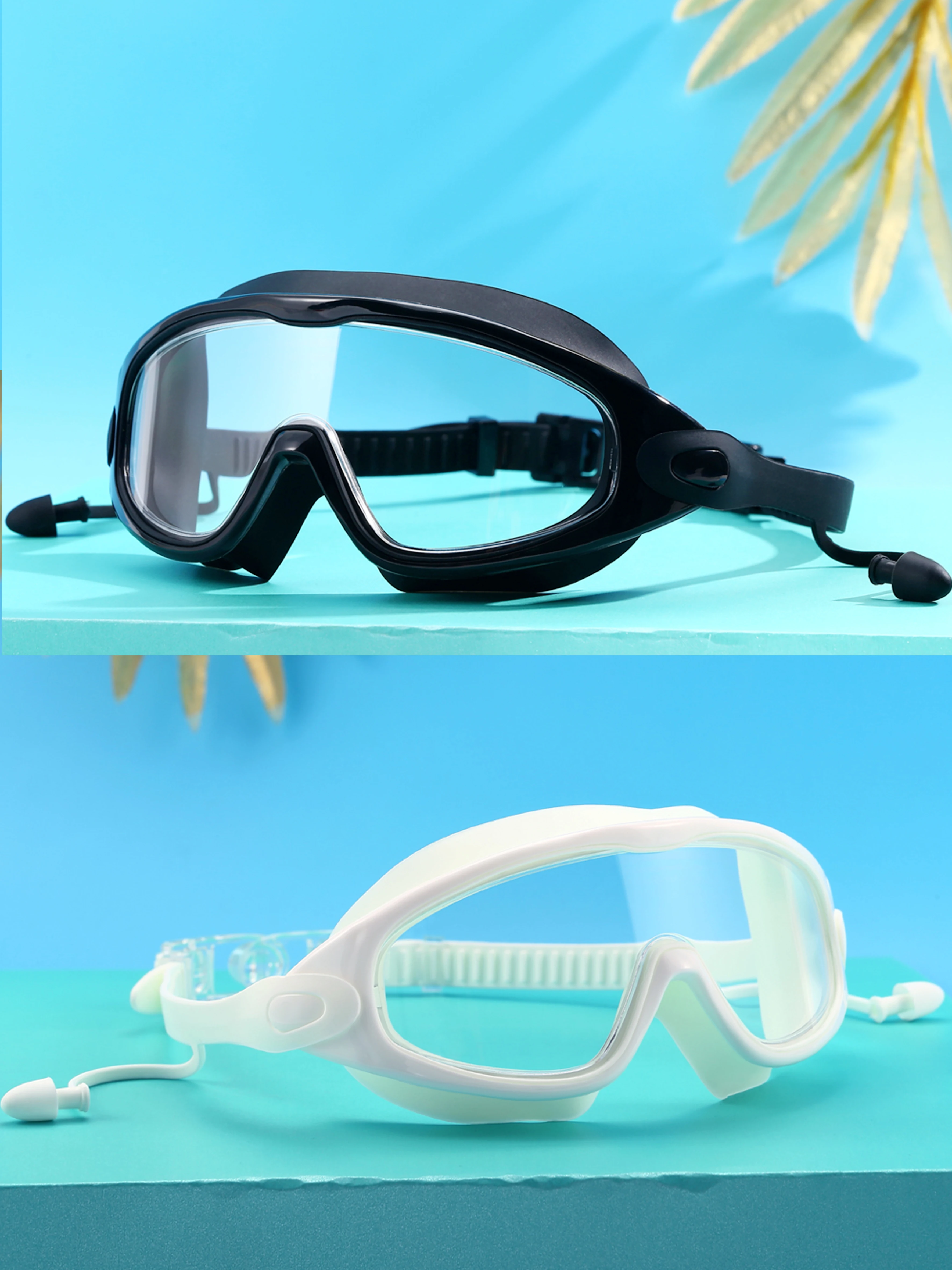 Schwimmbrille für Erwachsene, großer Rahmen mit Ohrstöpseln, Schwimmbrille für Männer und Frauen, professionelle, hochauflösende Antibeschlag-Schwimmbrille – Detail 2