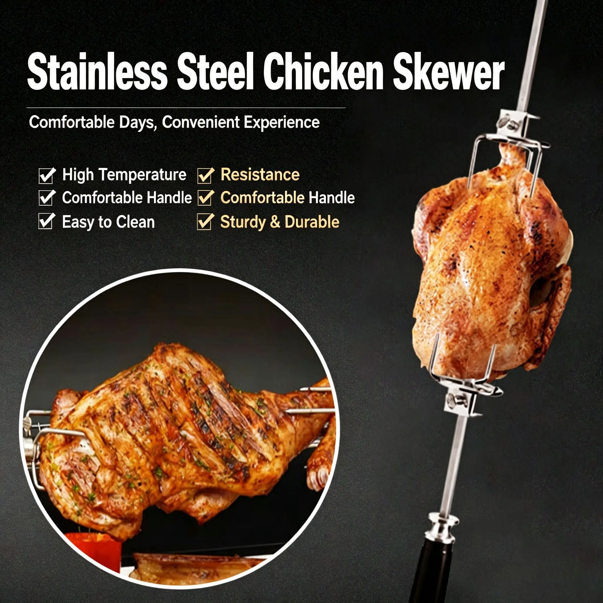 BBQ Rotisserie Skewer Rod Kit Detachable Two Three Prongs Fork Short Long Shaft Option for Outdoor Grilling Roasting Cooking