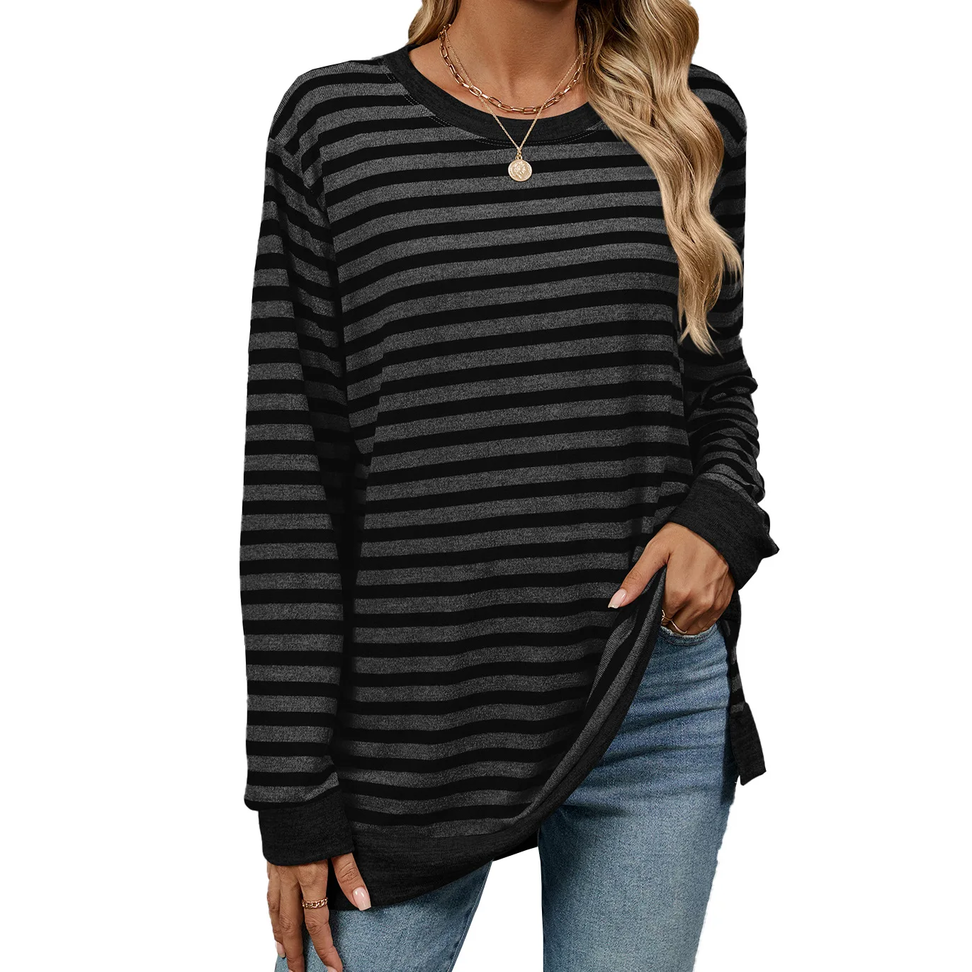 2025 Spring Autumn Women's Stripes T-shirt Loose Fashion Headband Contrasting O-Neck Long Sleeve Top for Female