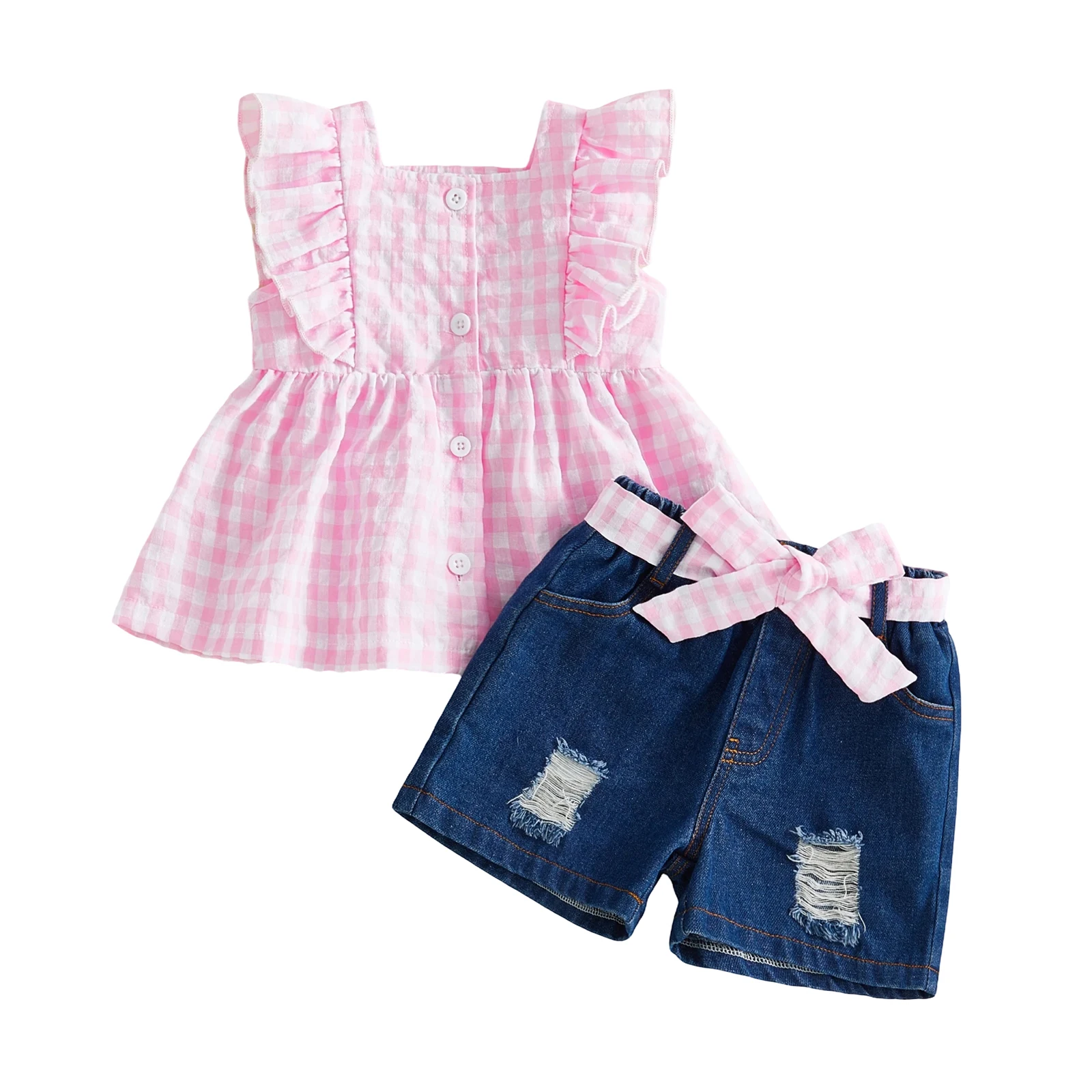 

Little Girls 2 Piece Outfits Fashionable Plaid Sleeveless Square Neck Tops and Denim Shorts Set