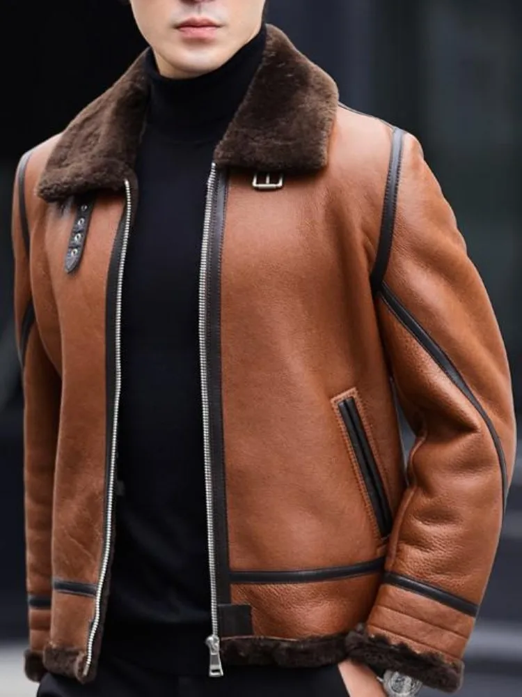 الأعمال عارضة رفض طوق جيوب سترة جلدية حقيقية بلون سستة جلد الغنم الذكور طويلة الأكمام ملابس خارجية