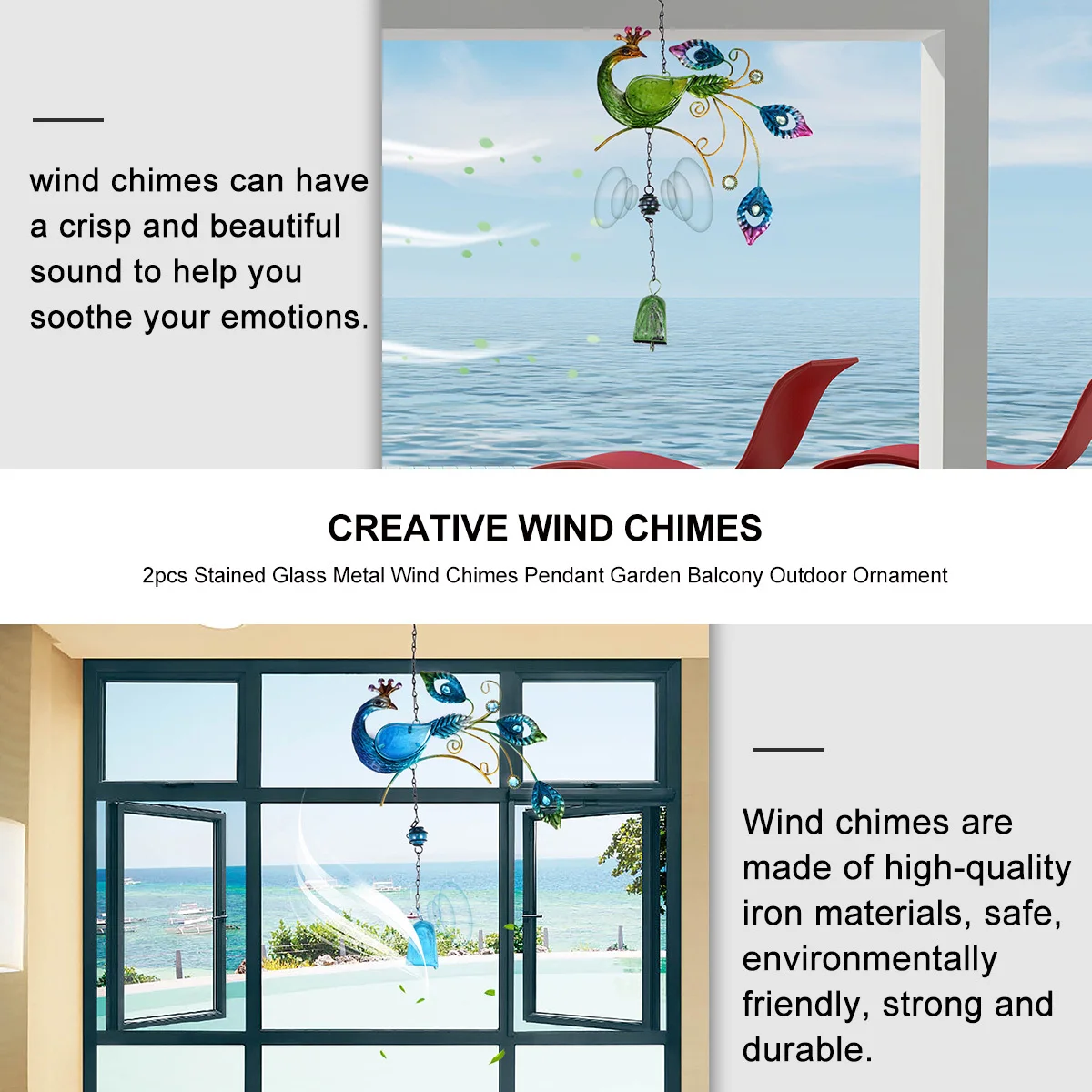 

2Pcs Vibrant Metal Wind Chimes with Glass Pendants Creative Design Hanging Ornament for Outdoor Indoor Decoration