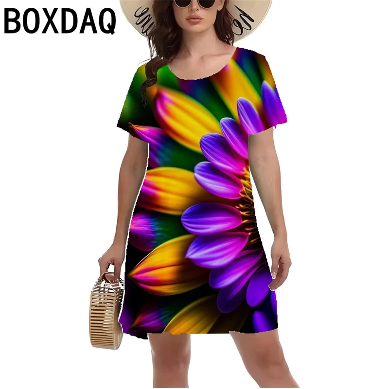 Women Short Sleeve O-Neck Casual Dress Fashion Colorful Floral Printed Mini Dress Big Size 3XL Female A-Line Dress Vestidos