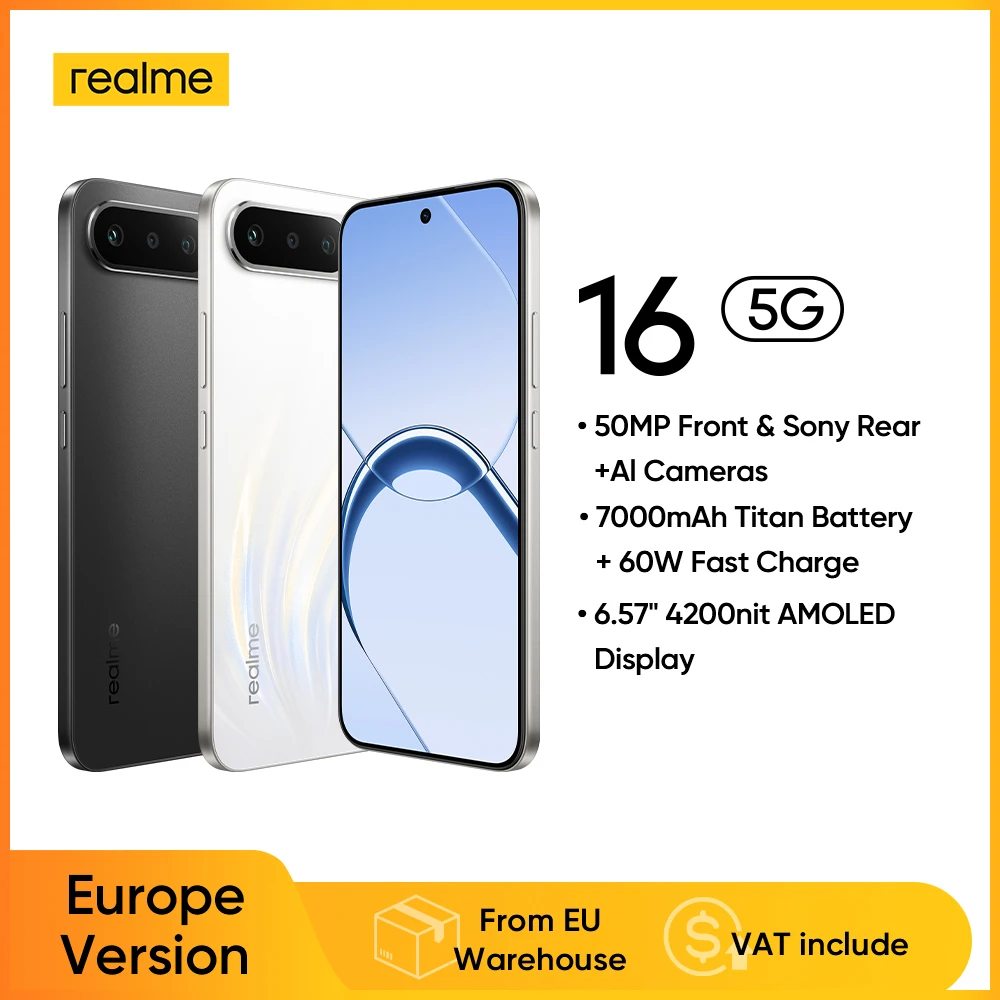 realme 16 5G smartphone, European version, MediaTek Dimensity 6400 Turbo chip, 6.57-inch 120Hz AMOLED screen, 6550 mAh Titan battery, 45 W fast charging, IP69.