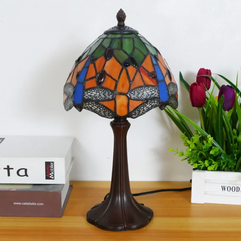 Luminária de mesa tiffany de 8 polegadas, barroca, artesanal, vitral, presentes, liga verde, libélula, lâmpada de leitura vintage