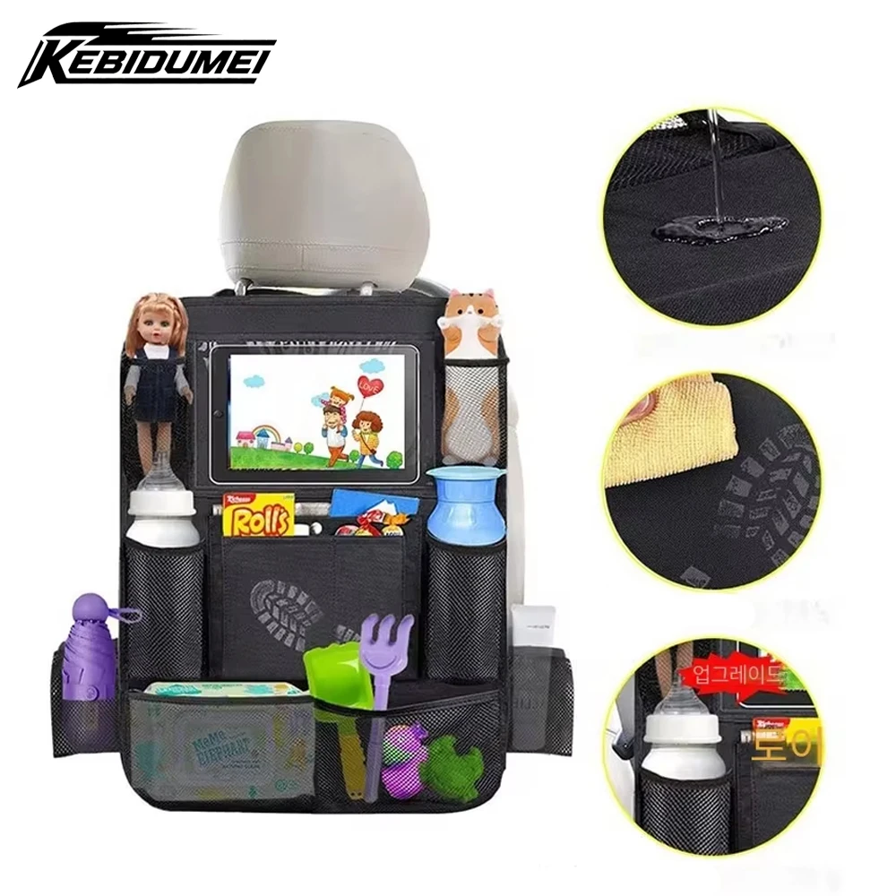 Car Backseat Organizer Multifunctional Oxford Fabric Pocket Kick Mat Seat Protector with Touch Screen Tablet Holder Storage Bag