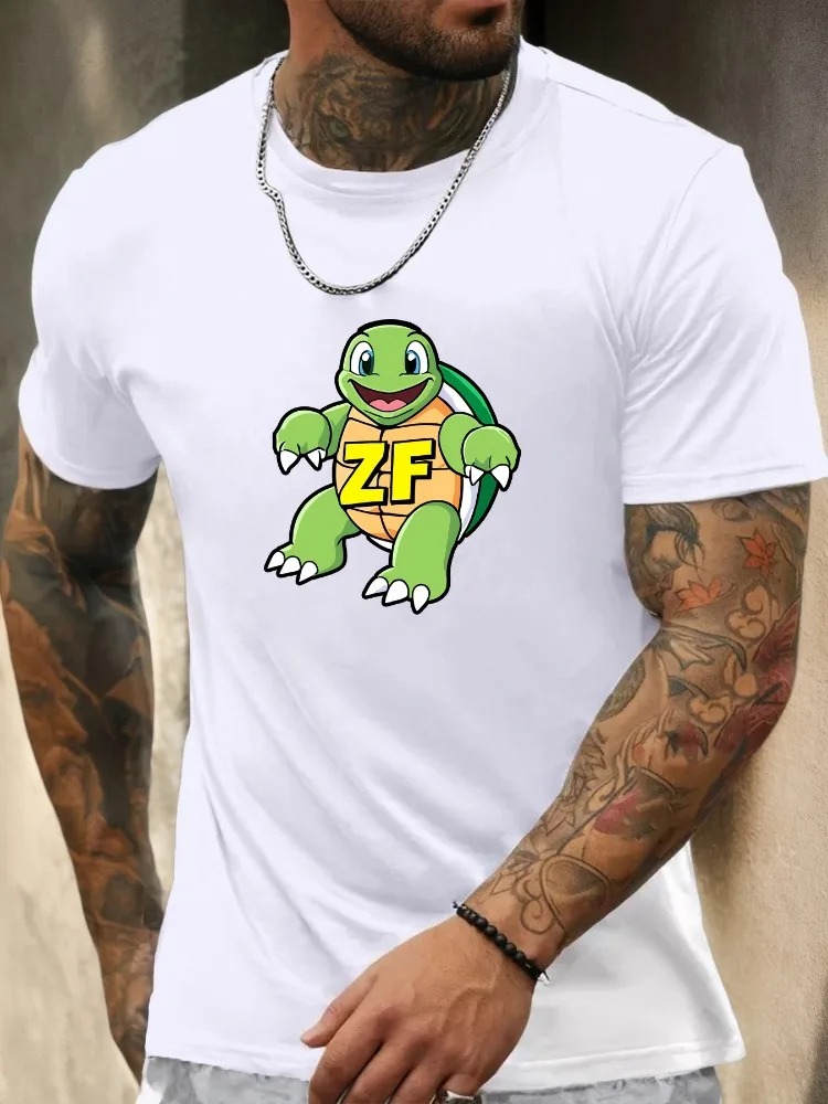 Mens Basic Cotton Crew Tee Cartoon Smiling Turtle ZF Initial Letter Cute Animal Print Casual Street Male Daily Short Sleeve Top