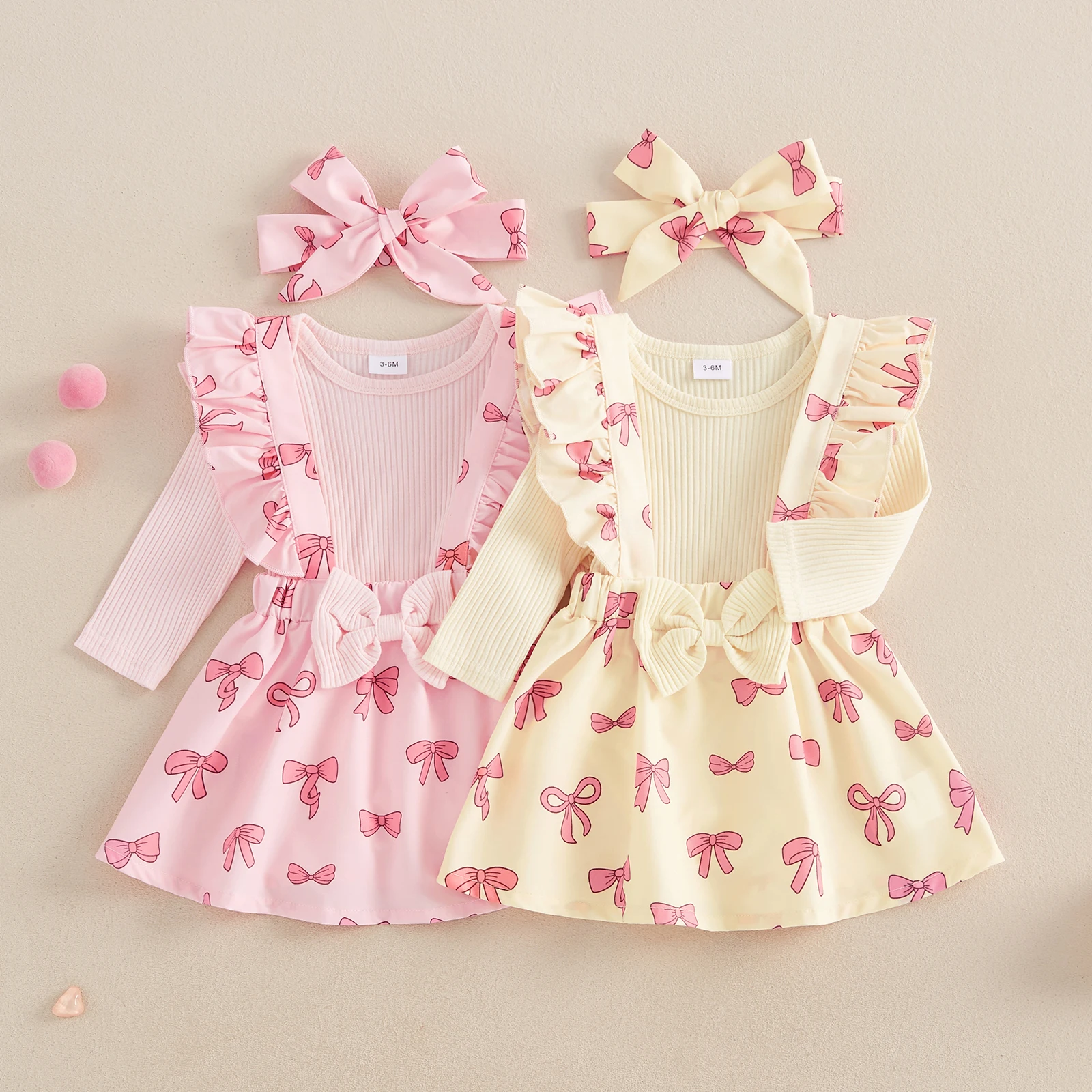 Baby Girls Fall Outfit Long Sleeve Romper and Bow Print Suspender Skirt Cute Headband 3 Piece Clothes