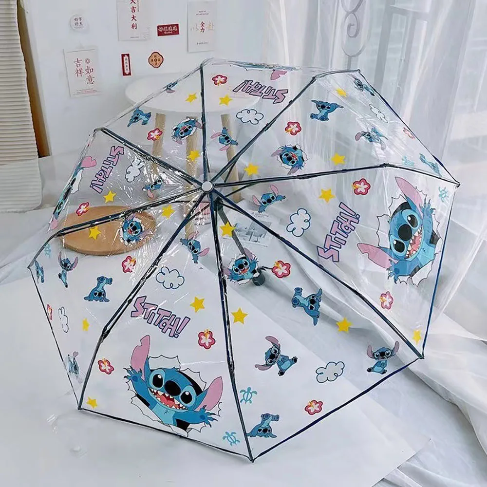 Stitch-paraguas plegable Kawaii para niño y niña, sombrilla impermeable de dibujos animados, portátil, transparente, regalo