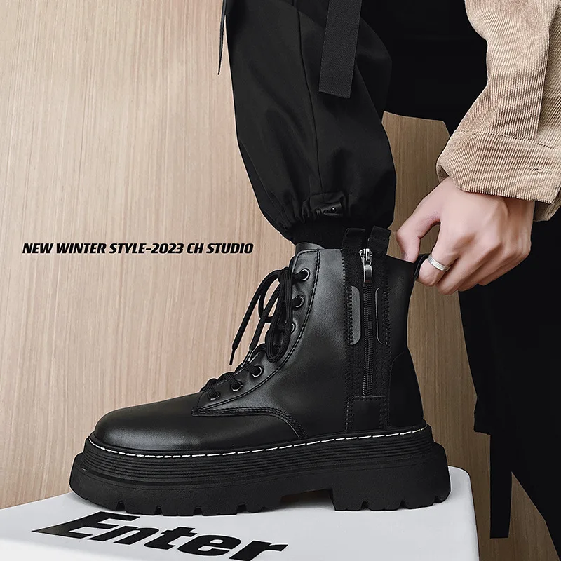 Men Shoe Platform British Men Boot Autumn Winter High Top Leather Boot Trendy Official Shoe Fashion Ankle Boot Motorcycle Boot