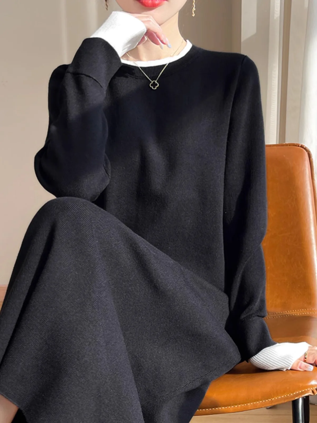 

Autumn Winter Knitted Long Dr Lazy Slimming Fake Two-Piece Straight Loose One-Piece Sweater Dr Comfortable Midi Dr