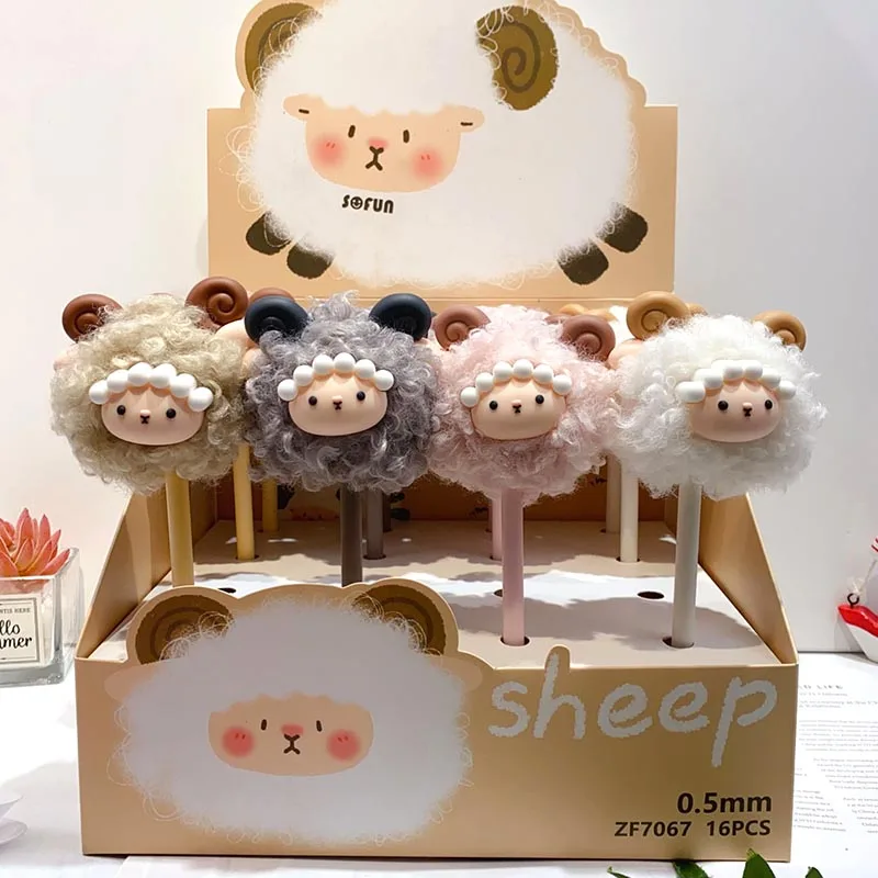 16pcs/lot Kawaii Sheep Hairball Gel Pen Cute 0.5mm Black Ink Signature Pens Promotional Gift Office School Supplies