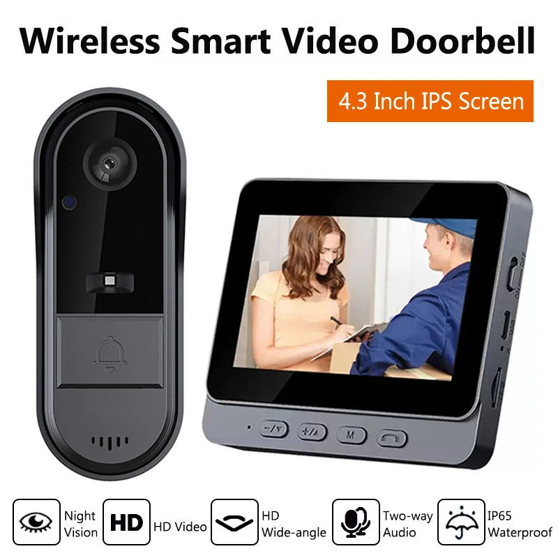 

Wireless Intercom Doorbell Night HD Vision 4.3 inch IPS Screen Waterproof Doorbell Camera Smart Home Security Video Eye Bell