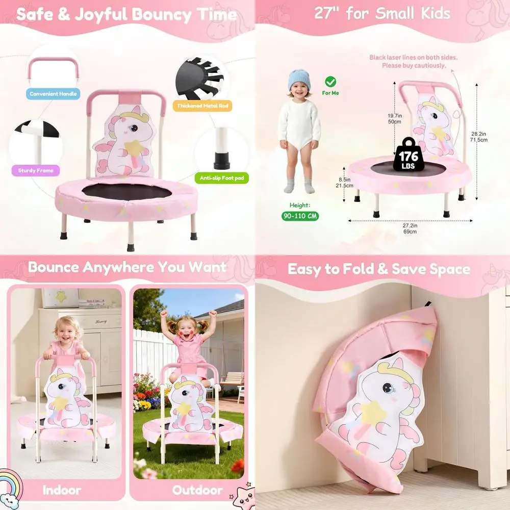 

27" Unicorn Mini Trampoline for Toddlers, Small Trampoline with Safety Handle, Rainbow Fairy Unicorn Jumping Toy for Younger Kid