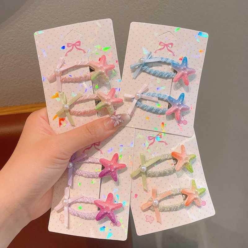 2Pcs/1 Set New Lovely and Cute Gradient Starfish Hair Clip Childrens Hair Accessories Pair Clip Braided Hair Clip Edge Headpiece