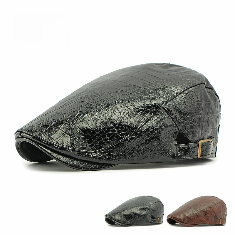 Men's Beret Hat Faux Leather Newsboy Cap with Crocodile Texture Retro Style Curved Brim Perfect for 55-60cm Head Sizes