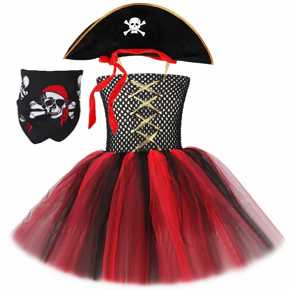 

Girls Pirate Costume Halloween Carnival Party Dress Up Clothes Black Red Toddler Girls Pirates Tulle Princess Tutu Dress
