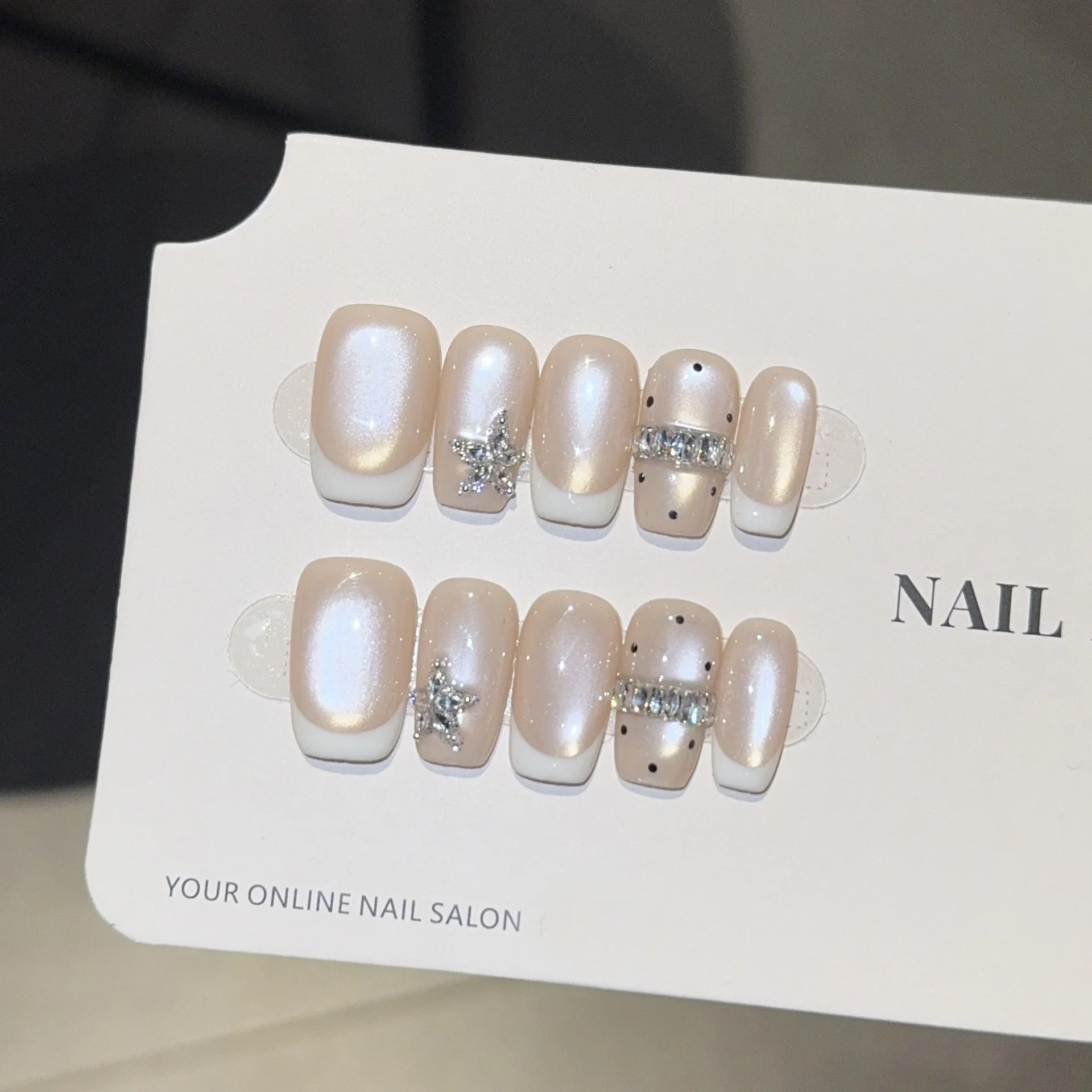 

10pcs French White Handmade Nails Sparkling Stars Press on Nail Medium Square Shape Full Coverage Nail Tips for Women&Girl