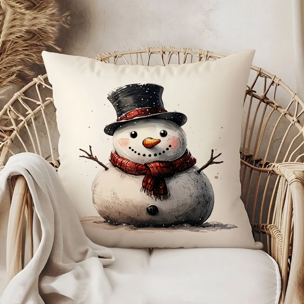 Square Throw Pillow Case Cream White Cute Snowman With Top Hat And Red Scarf Winter Christmas Decor For Living Room Sofa Chair