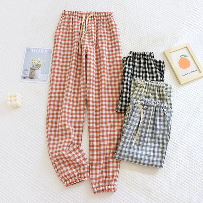 Simple Plaid Men and Women Household Pants Couple Pajamas Trousers Elastic Waist Sleep Bottoms Autumn Thin Cotton Lounge Wear