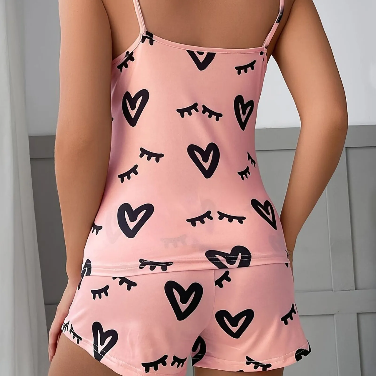 2024 New Fashion Sexy Heart Printed Pajama Set Women\'S 2 Pieces Sleepwear Pyjamas Silk Satin Cami Top And Shorts Pajamas