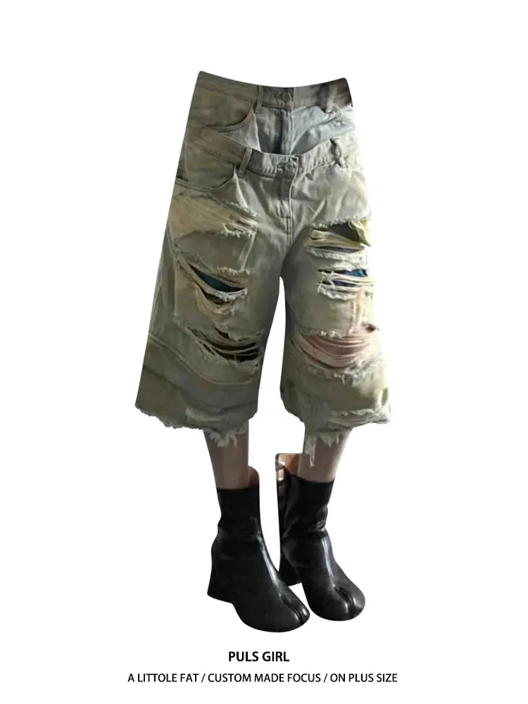 

Washed Vintage Large Size American Street Style Jeans High Waist Wide Leg Pants with Hole Casual Commute Fashion Ladies' Jeans