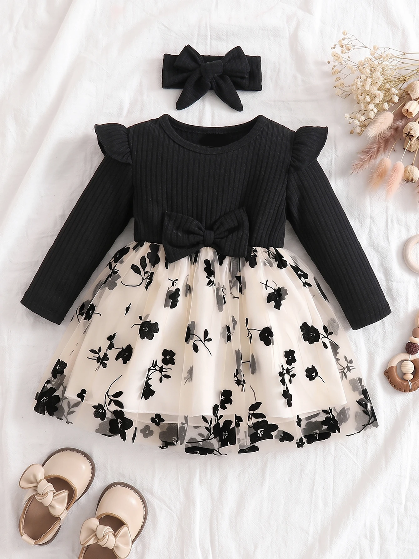Baby Girl Floral Tulle Dress 6-9M~2-3Y, Long Sleeve Ribbed Top Floral Print Skirt with Bow Headband, Toddler Party Outfit