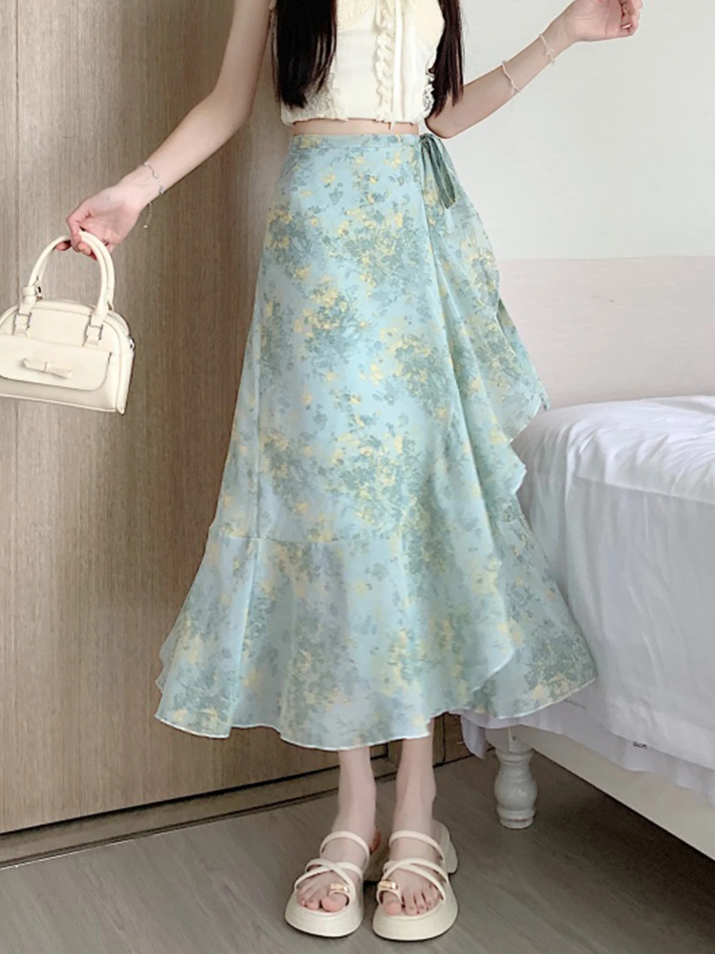 

Нежная летняя юбка-миди А-силуэта с кружевной отделкой, женская драпированная юбка средней длины, шифоновое платье с цветочным принтом