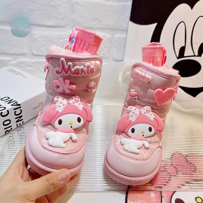 

Sanrio My Melody розовые зимние сапоги в стиле аниме, детские хлопковые сапоги до середины икры для девочек, зимние бархатные утолщенные водонепроницаемые нескользящие лоферы