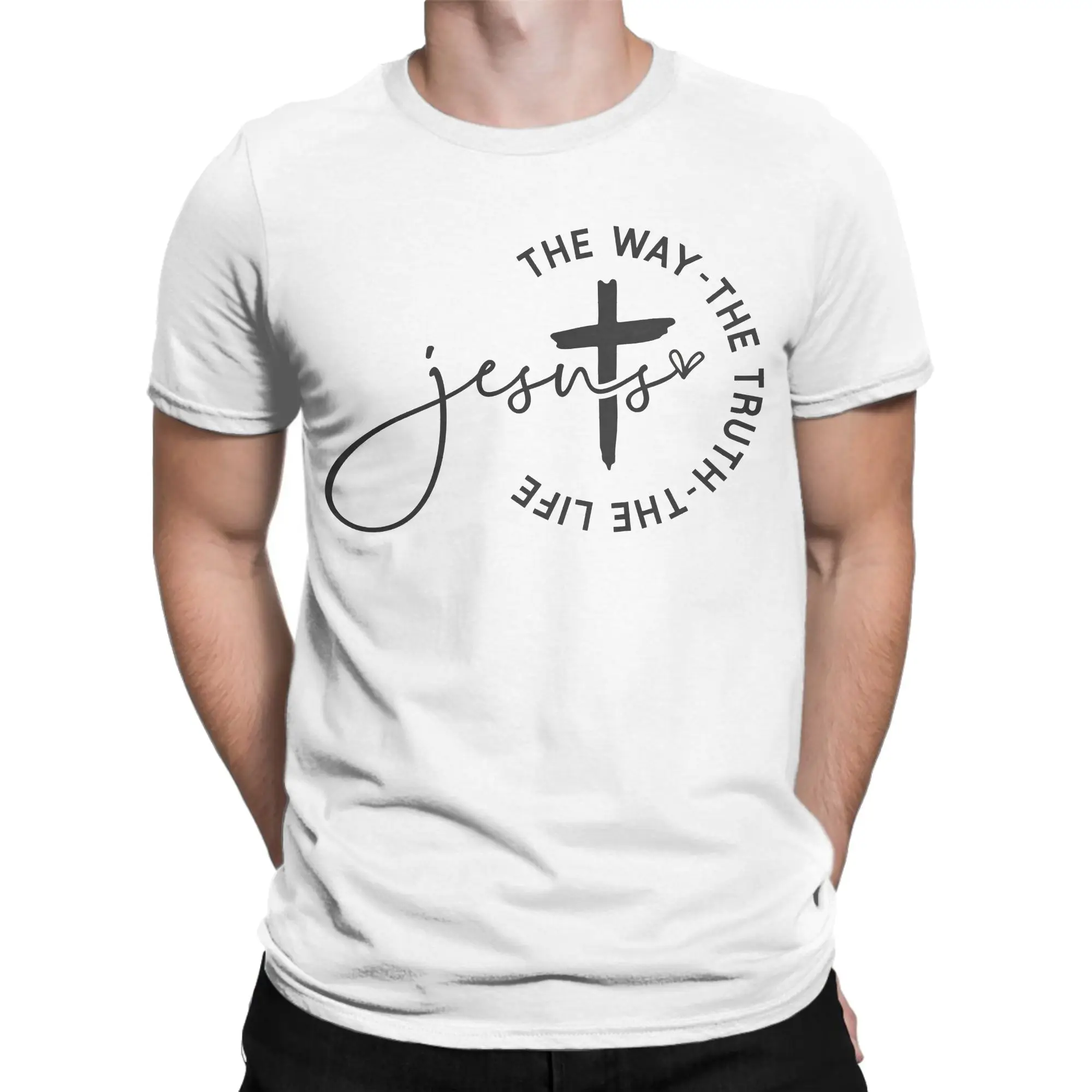 Camiseta clásica de algodón puro con cuello redondo para hombre y mujer, con la frase: Jesús es el camino, la verdad, la vida.