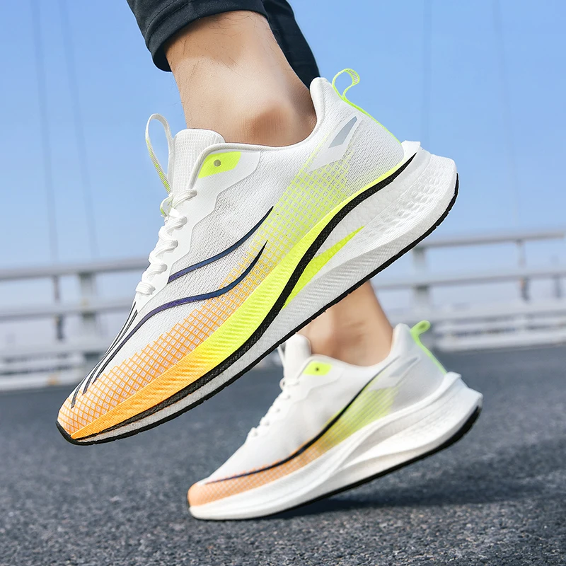 

MenWhiteFluorescentYellowGradientMeshRunningSneakersElasticPopcornFoamShockCushion Lightweight Marathon Racing Athletic Trainers