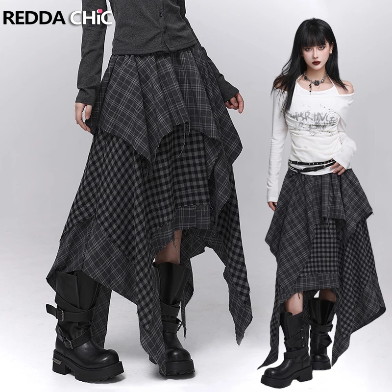 

REDDACHiC Acubi Fashion Plaid Asymmetrical Skirt Alt Goth Elastic Waist Stitch Raw Edge Long Flowy Skirt Plus Size Women Bottoms